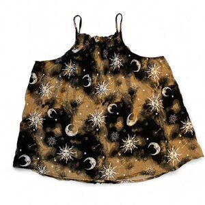 Witchy Celestial Sun Moon Halloween Black Orange Spaghetti Strap Ruched Neck Top